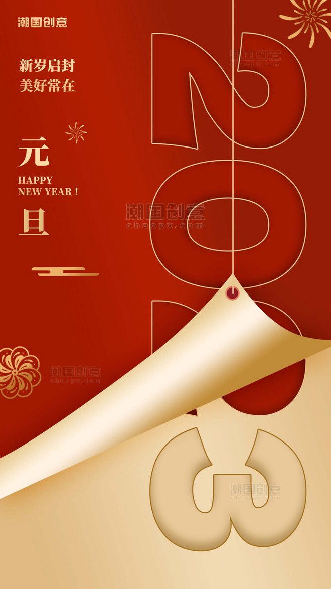 喜庆元旦快乐新年祝福红色创意简约海报