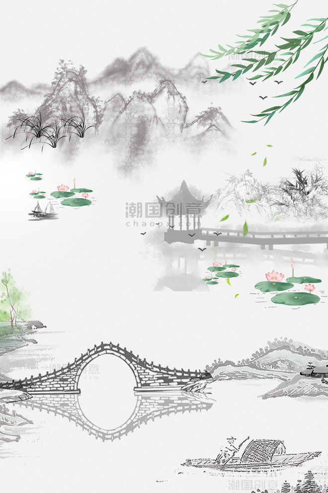 中国风山水意境装饰画水墨山水水墨江南
