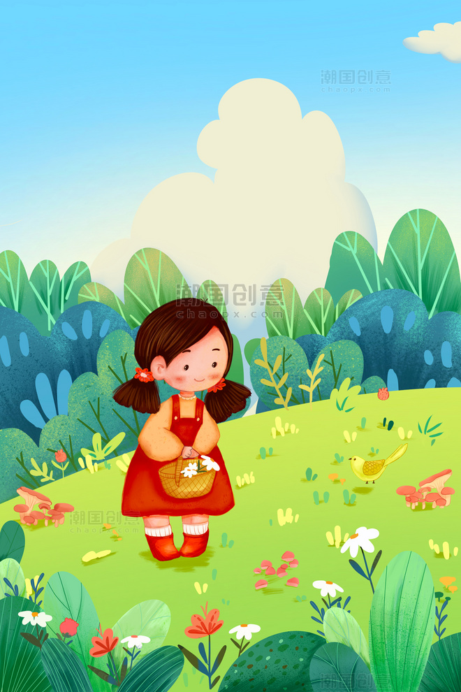 卡通可爱女孩在春暖花开的季节出行游玩背景