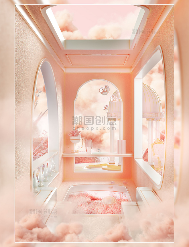 38妇女节3D立体粉色空间感唯美电商场景