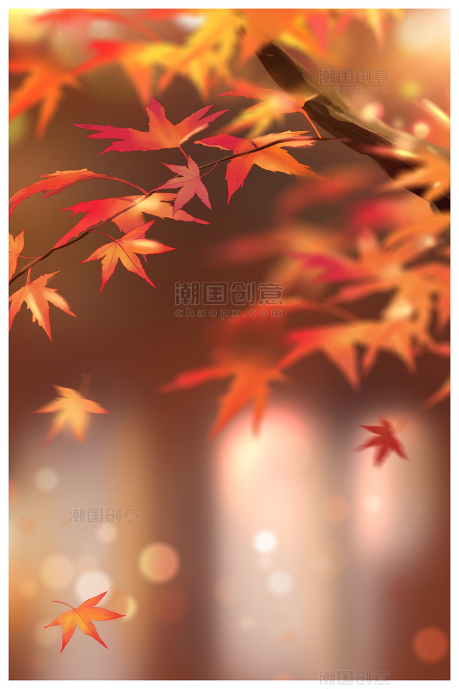 秋天枫叶唯美手绘美丽风景图落叶