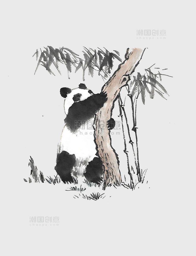 国风水墨大熊猫爬树国宝