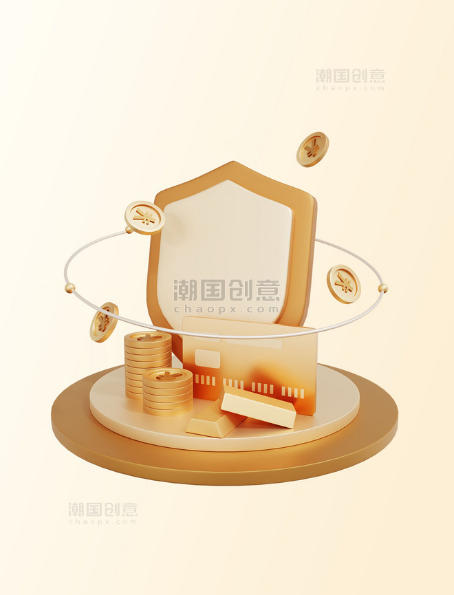 C4D金融元素优盾银行卡金条3D元素金色
