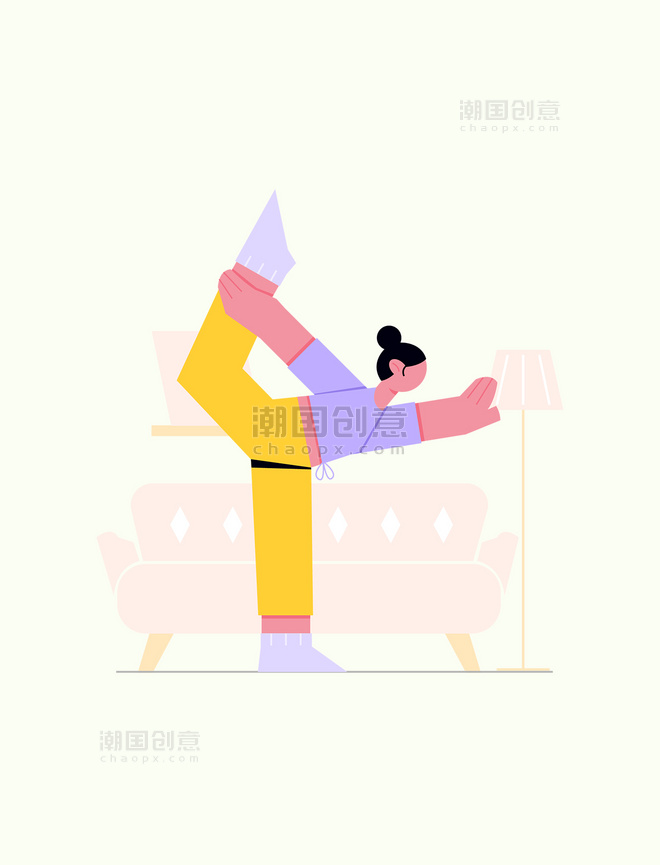 紫黄色扁平风瑜伽运动单腿直立一手卧腿一手张开人物主题元素