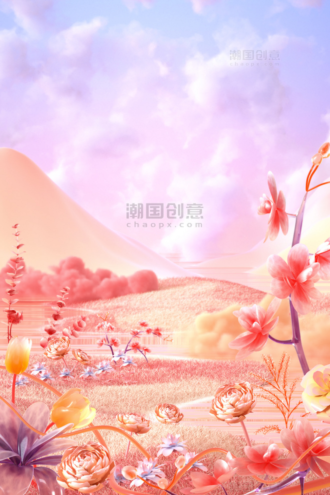 妇女节3D立体C4D粉色唯美梦幻春天春季花朵毛绒草地场景