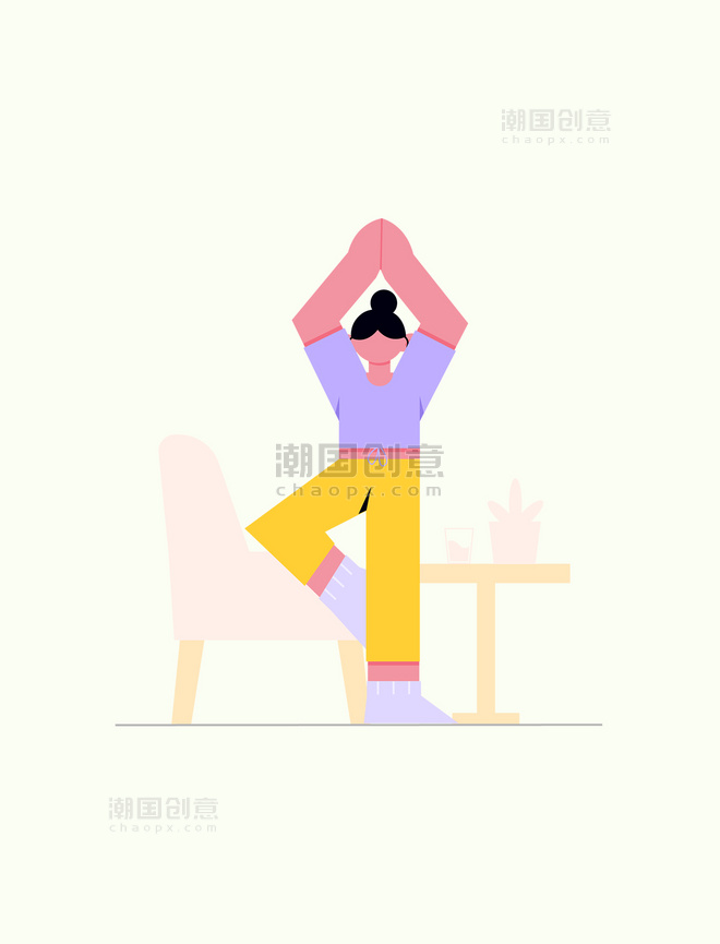 紫黄色扁平风瑜伽运动单腿站立双手向上合并人物主题元素