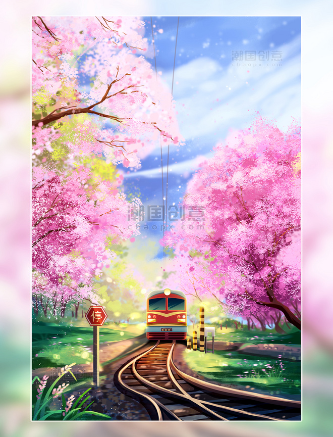 春天春季樱花开往春天的列车唯美插画