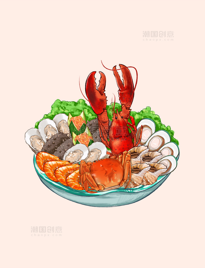 手绘海鲜美食盛宴海鲜拼盘水彩生鲜食物