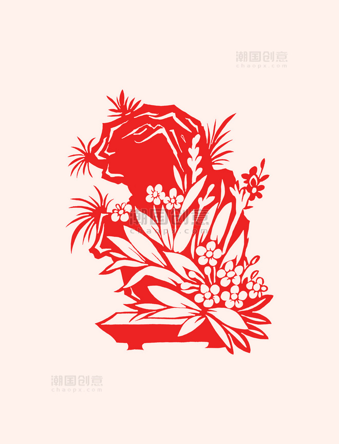 水仙山石红色剪纸春节新年窗花植物花卉盆栽