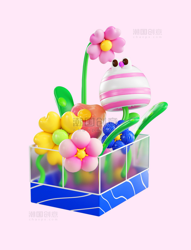 3D立体C4D春天春季花卉花朵气球花捧花爱心花束透明盒子花