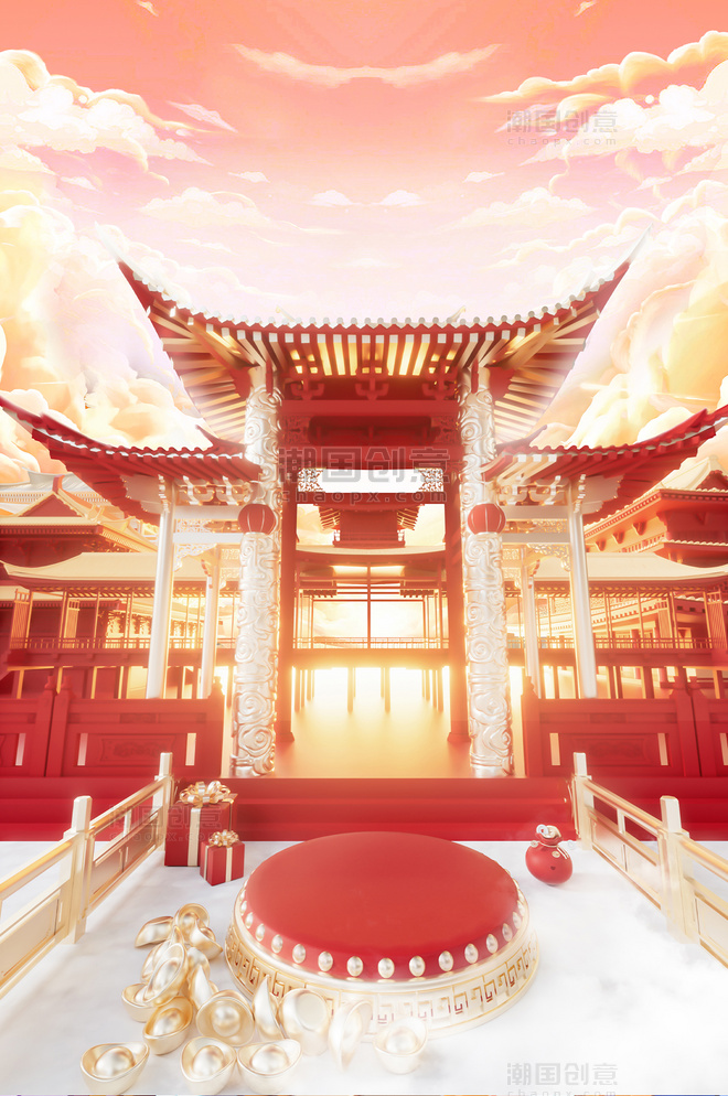 新年年货节创意金红色中国风促销C4D电商场景
