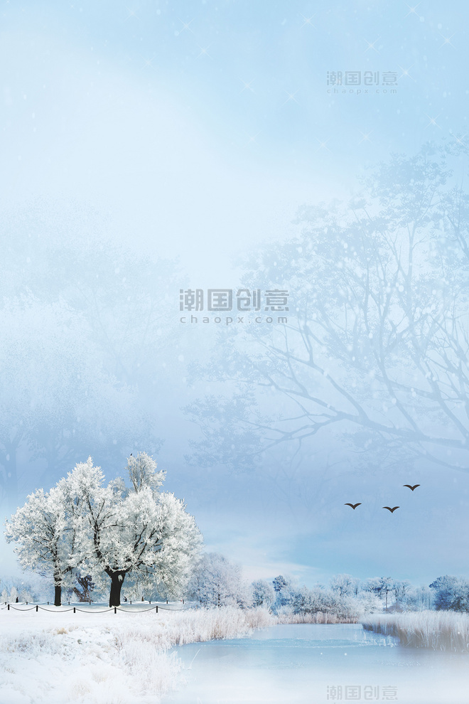 冬天大树背景冬季雾凇蓝色