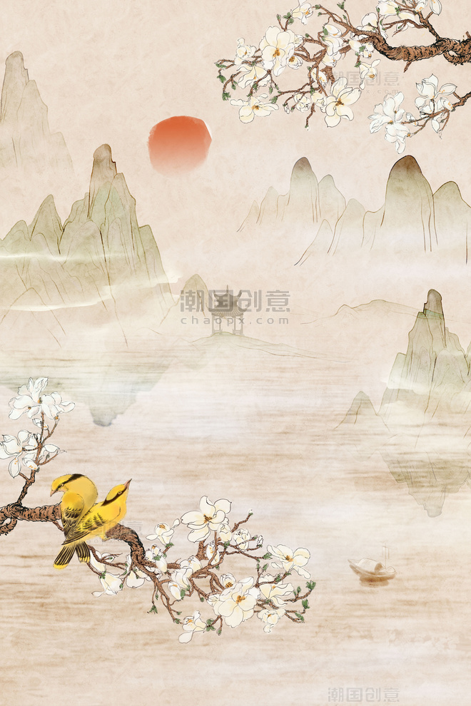 中国风山水花鸟国风工笔风背景国画