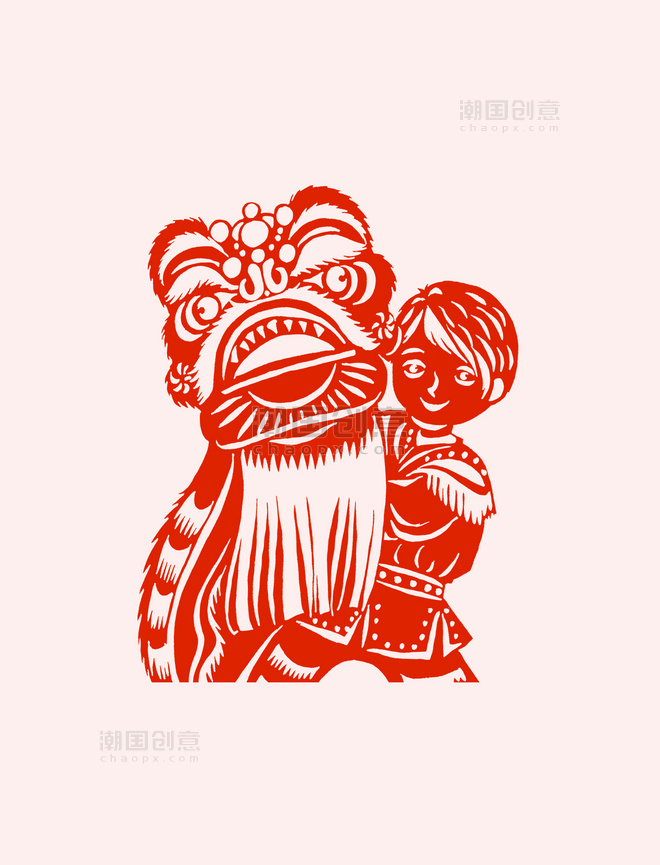 中国传统文化剪纸风红色舞狮免扣素材春节窗花