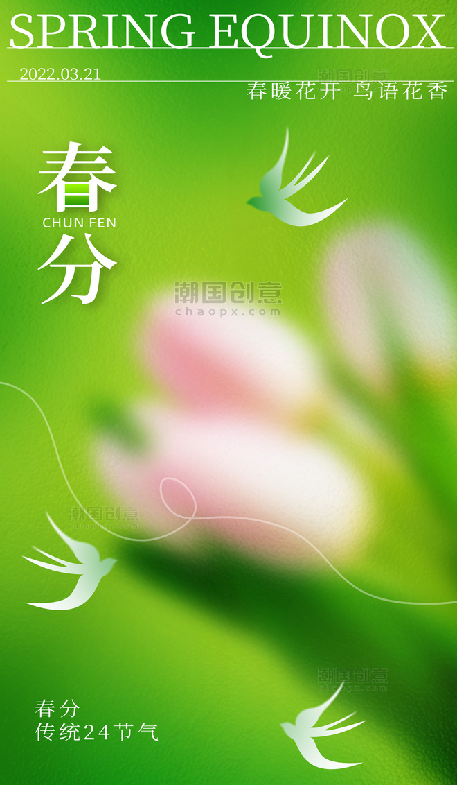 春分二十四节气花朵鸟绿色渐变磨砂玻璃海报