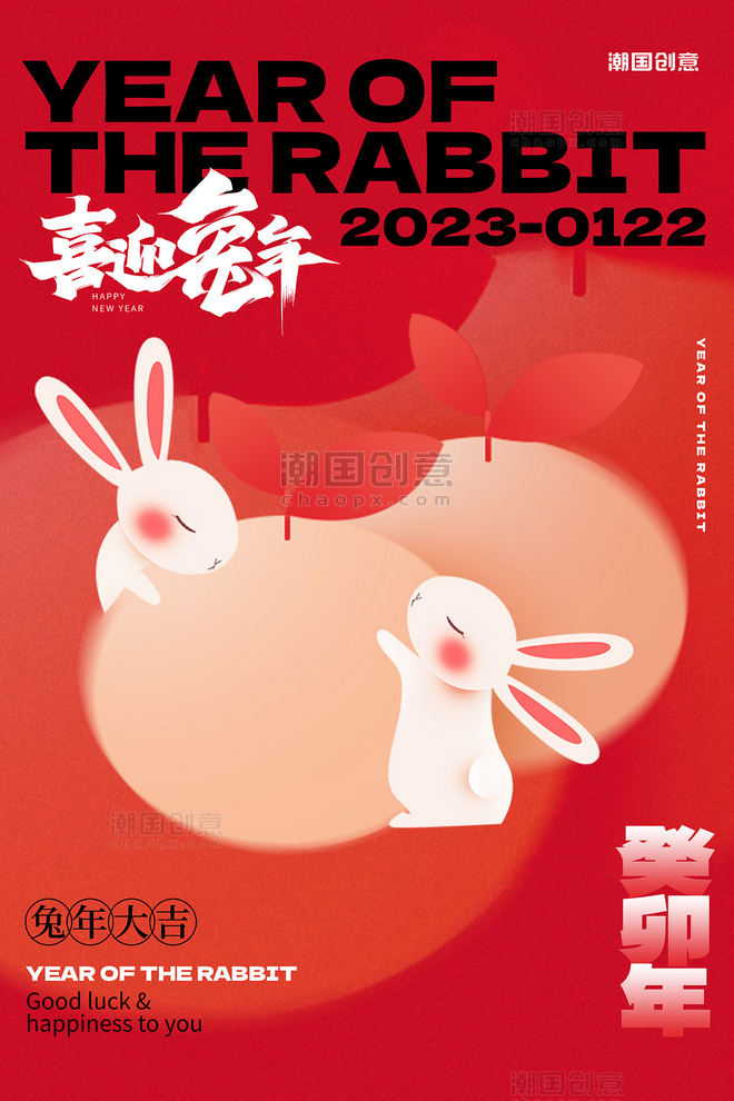 喜庆兔年新年春节兔子抱桔子红色简约海报