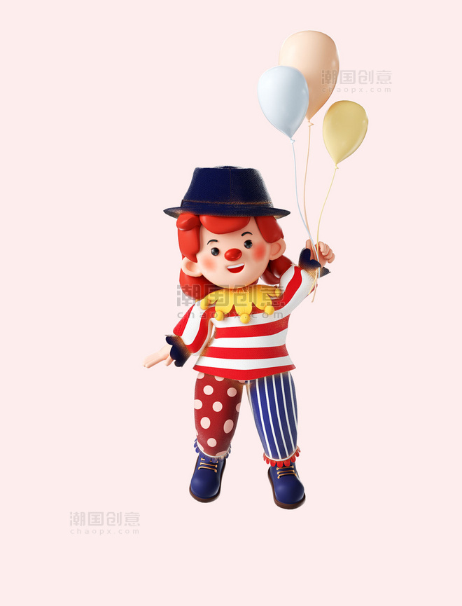3D立体C4D愚人节搞怪小丑人物拿气球