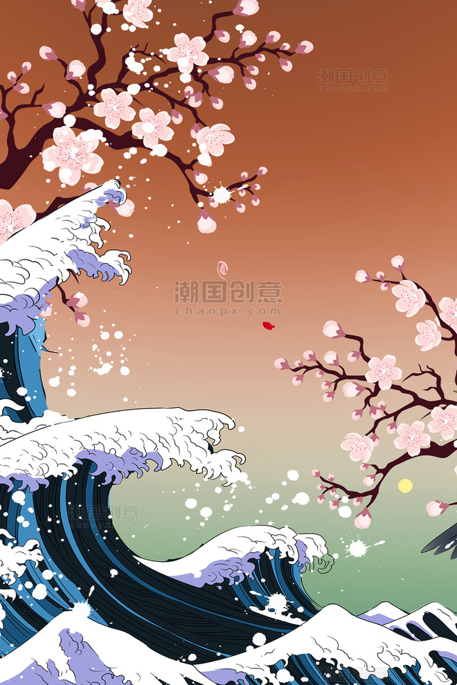 日系浮世绘女樱花海浪背景