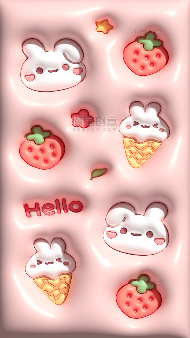 粉色卡通可爱冰淇淋草莓兔子膨胀风手机壁纸