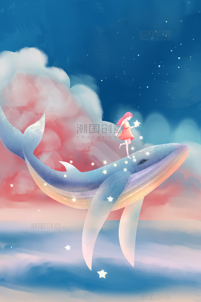唯美天空鲸鱼与女孩竖版插画
