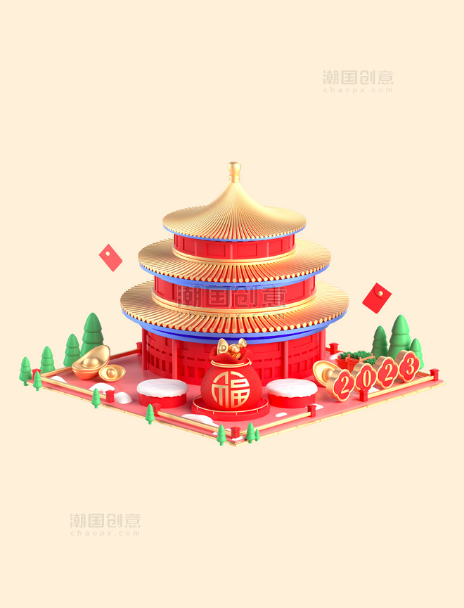 3D春节新年新春年货节中式建筑中国风场景