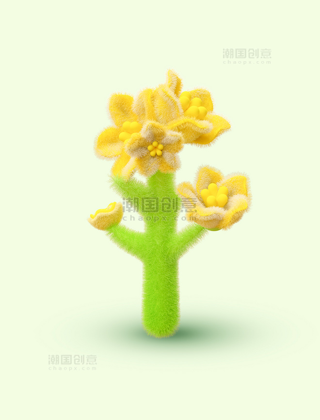 3D立体C4D春天春季毛绒花朵油菜花