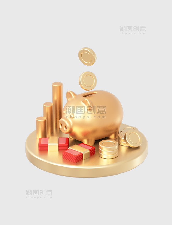 创意C4D立体3D银行金融理财组合金币金猪储钱罐