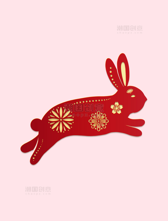新年春节新春剪纸风兔年红金色兔子