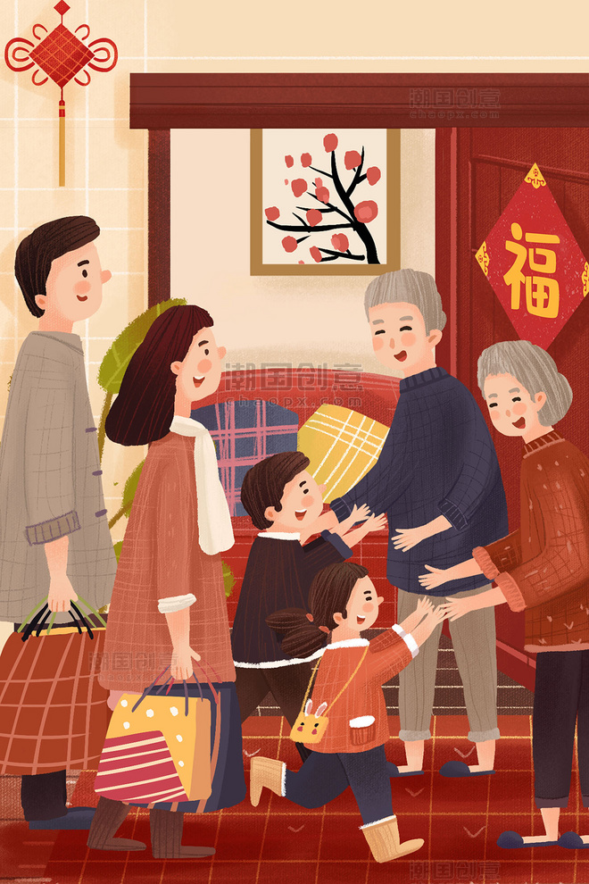 除夕新年春节一家人过年拜年竖版插画