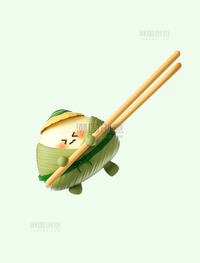端午端午节3D立体创意可爱绿色粽子筷子夹粽子元素形象