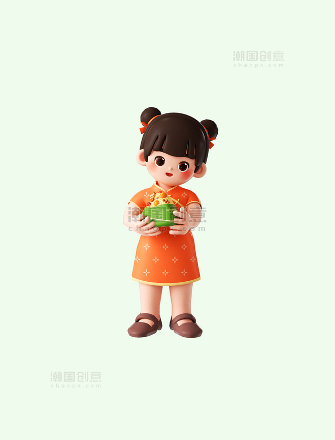 端午节3D立体国风小女孩吃粽子C4D人物
