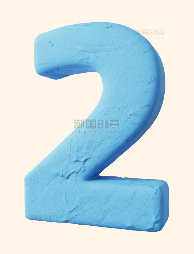 3D立体艺术字黏土质感蓝色数字2