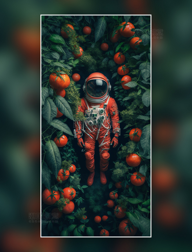 宇航员躺在西红柿环绕的森林草地上俯视图