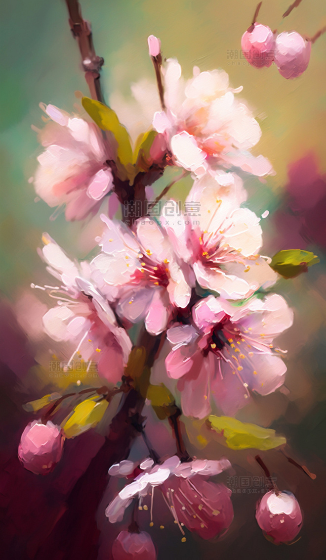 粉色盛开的樱花花朵油画质感插画