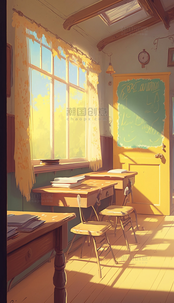 彩色阳光明媚的教室插画
