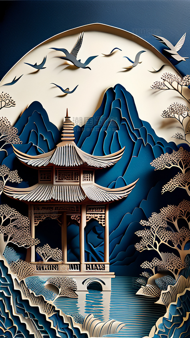 3D剪纸山水中国风插画