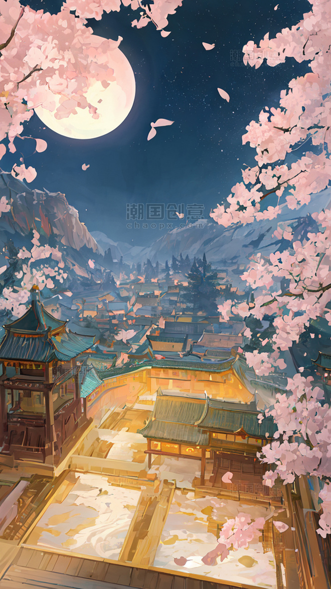 唯美油画中国风古建筑夜景数字艺术插画