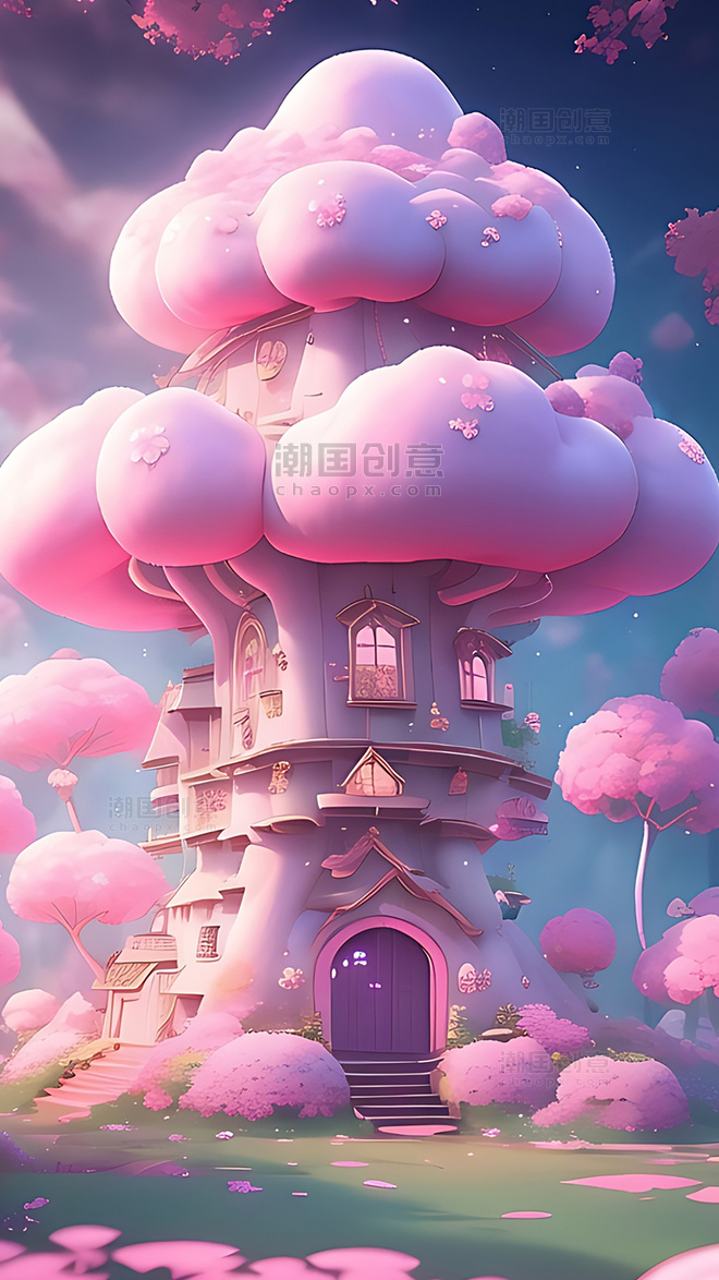 梦幻童话风卡通粉色蘑菇云房子数字艺术插画