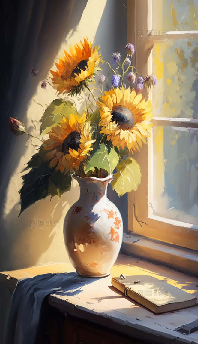 油画风彩色窗边花瓶向日葵插画