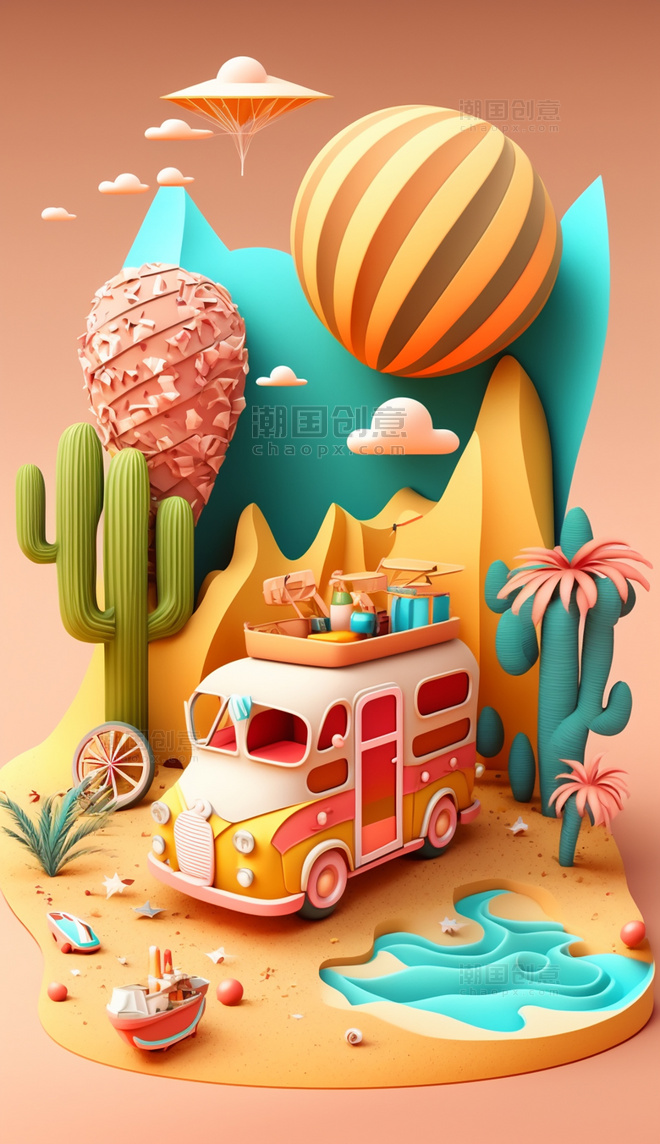 彩色夏季3D立体度假旅游插画