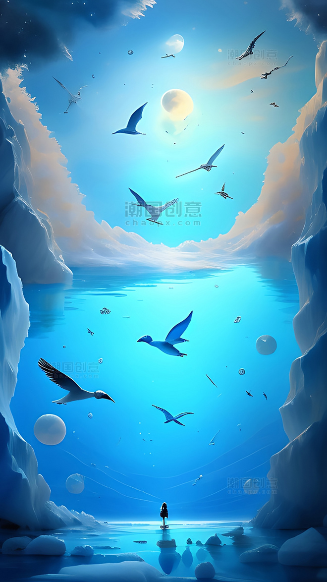 唯美蓝色海洋飞鸟游戏场景数字艺术插画