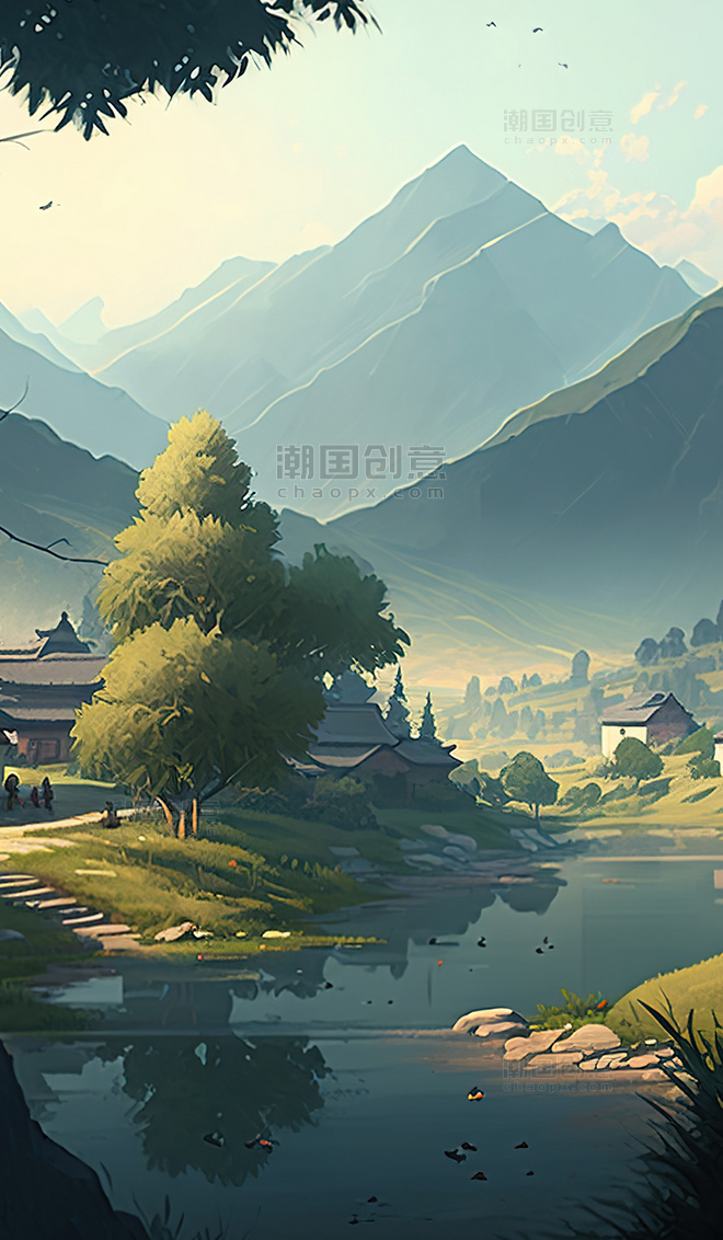 绿色中国风自然风景插画