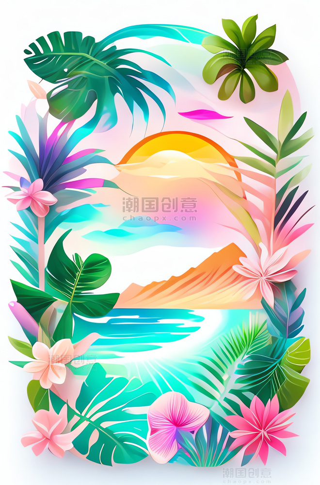 夏威夷彩色明信片插画
