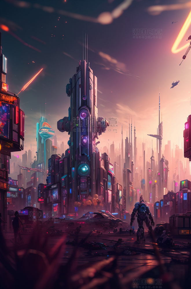 赛博朋克未来城市机器人幻想世界插画