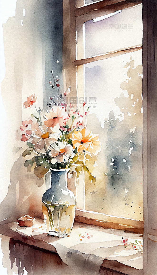 竖版水彩插画春日窗边花朵阳光