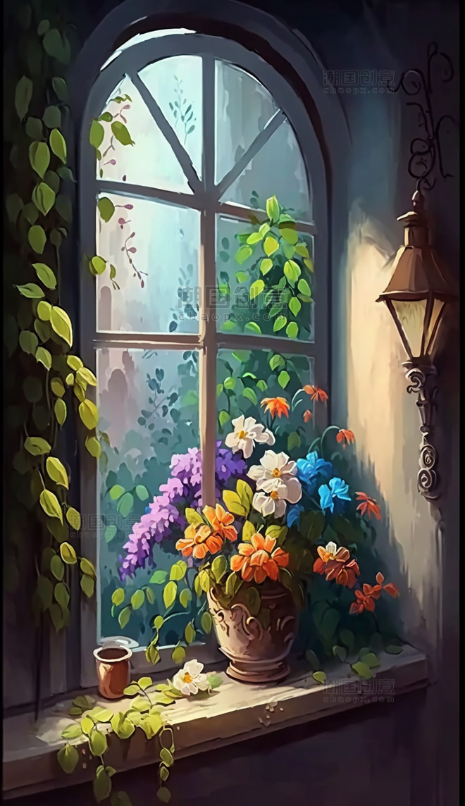 手绘彩色窗边盛开花朵插画