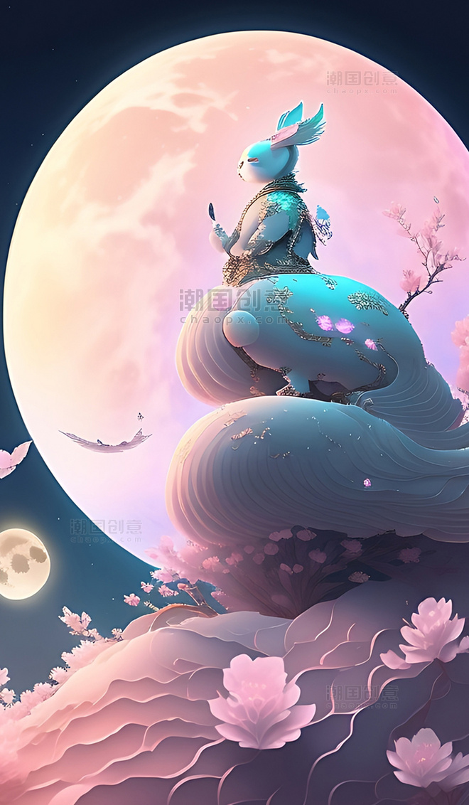 中国风梦幻治愈月亮古装兔子治愈数字插画