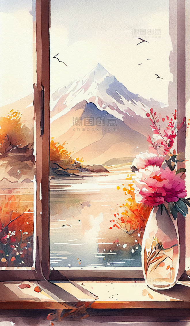 竖版水彩春日窗边花朵插画
