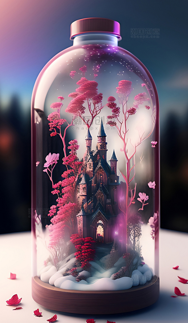 梦幻浪漫瓶子里的城堡玫瑰数字艺术插画
