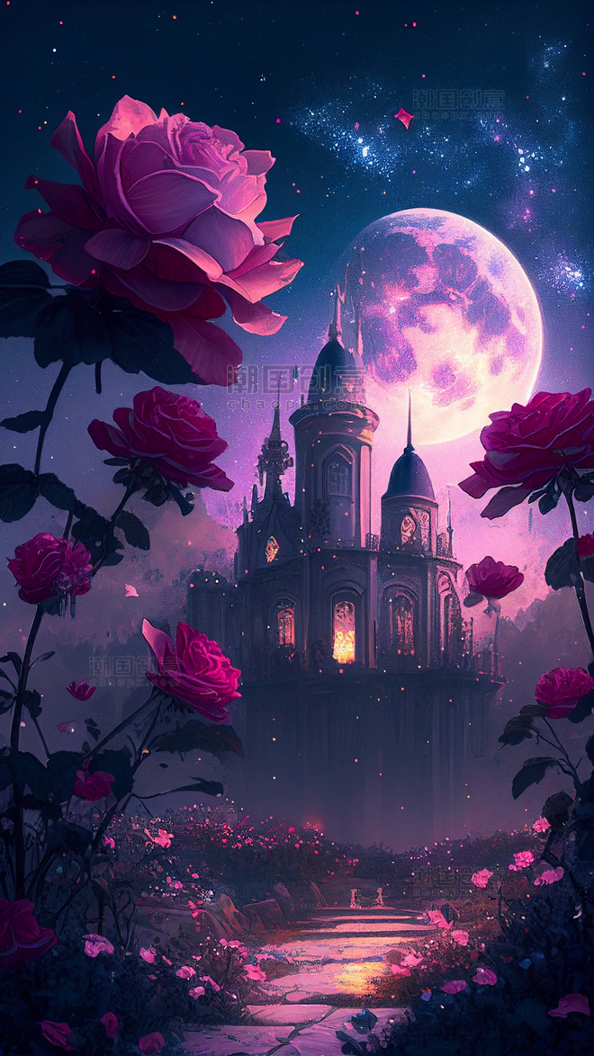 创意浪漫月光玫瑰城堡插画